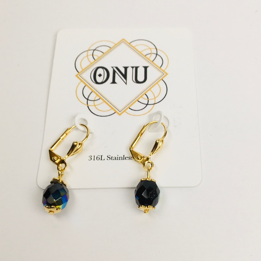 Obsidian Dangle Gold Earrings